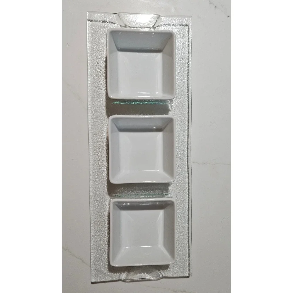 Modern White Ceramic 3 Bowl Server Set with Textured Glass Tray